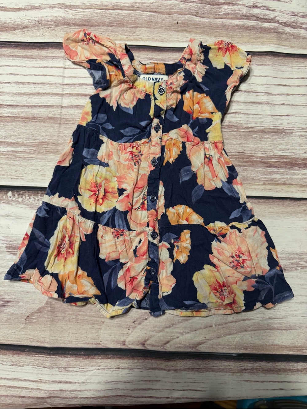 Old Navy Navy Floral Button-Front Dress with Peach and Yellow Blooms